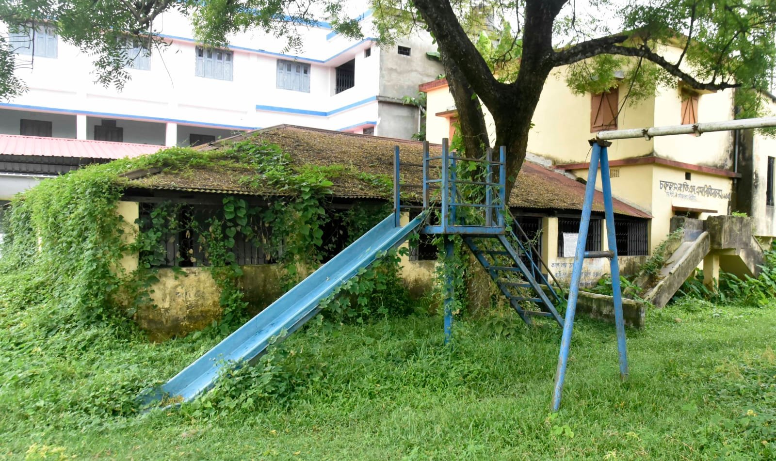 school house is covered with bushes in balurghat