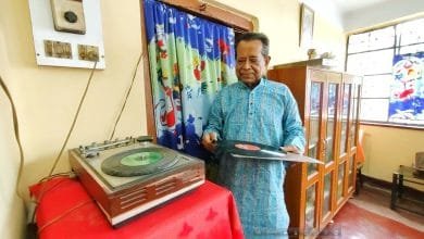 Vijay Das of Raiganj still regularly listens to songs on the gramophone.